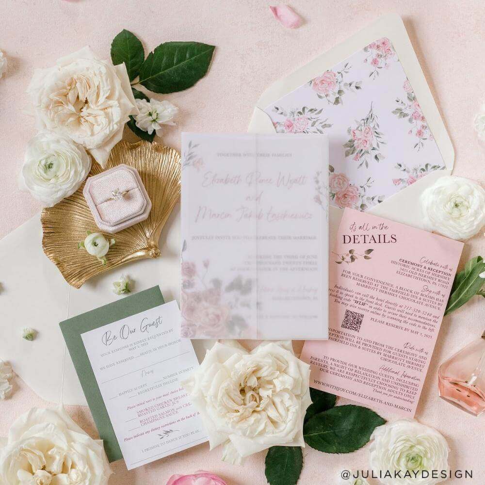 wedding invitation using colorplan candy pink, mid green, bright white, and a natural envelope