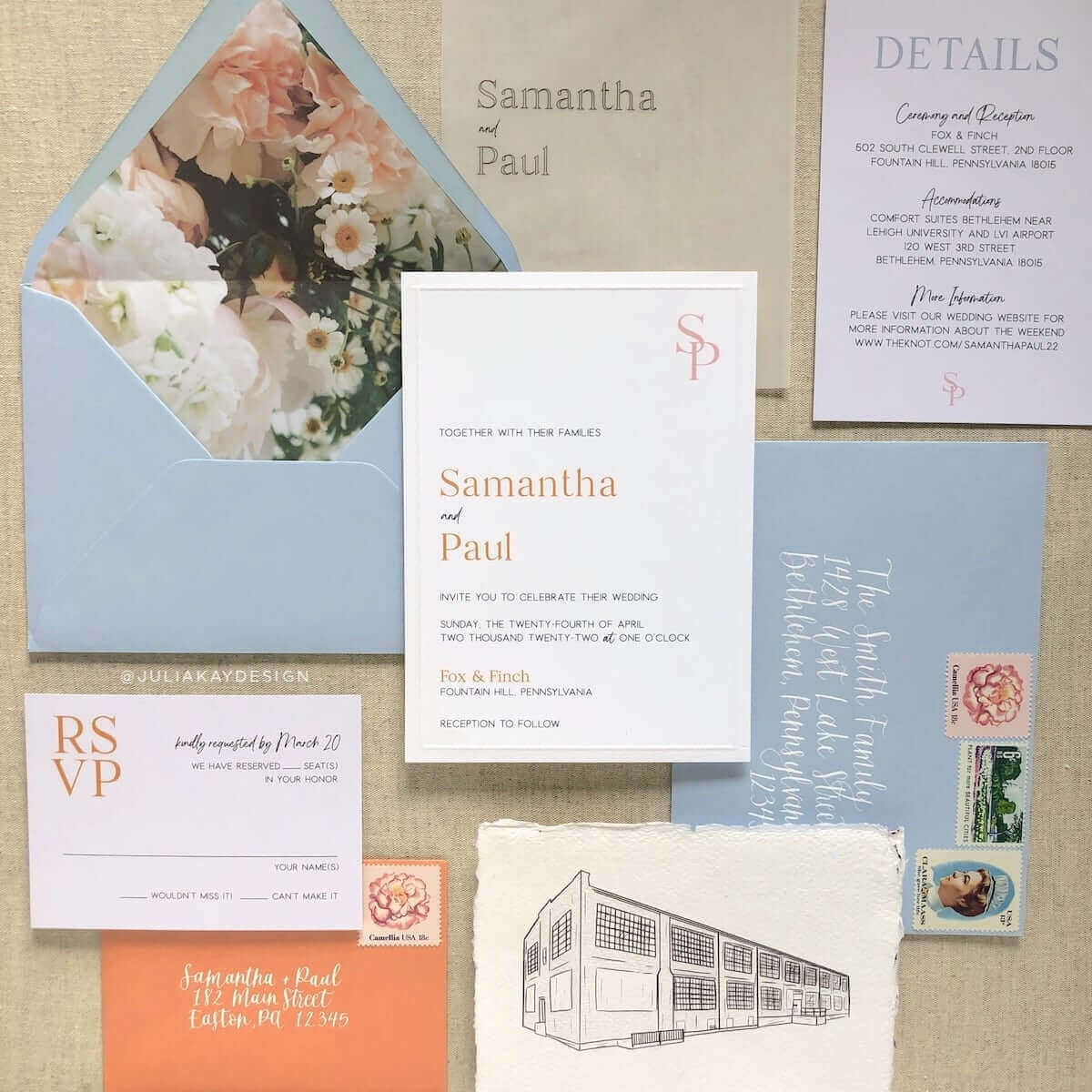 @juliakaydesign wedding invitation using an Azure Colorplan envelope, Vellum insert, and Bright White invitation card.