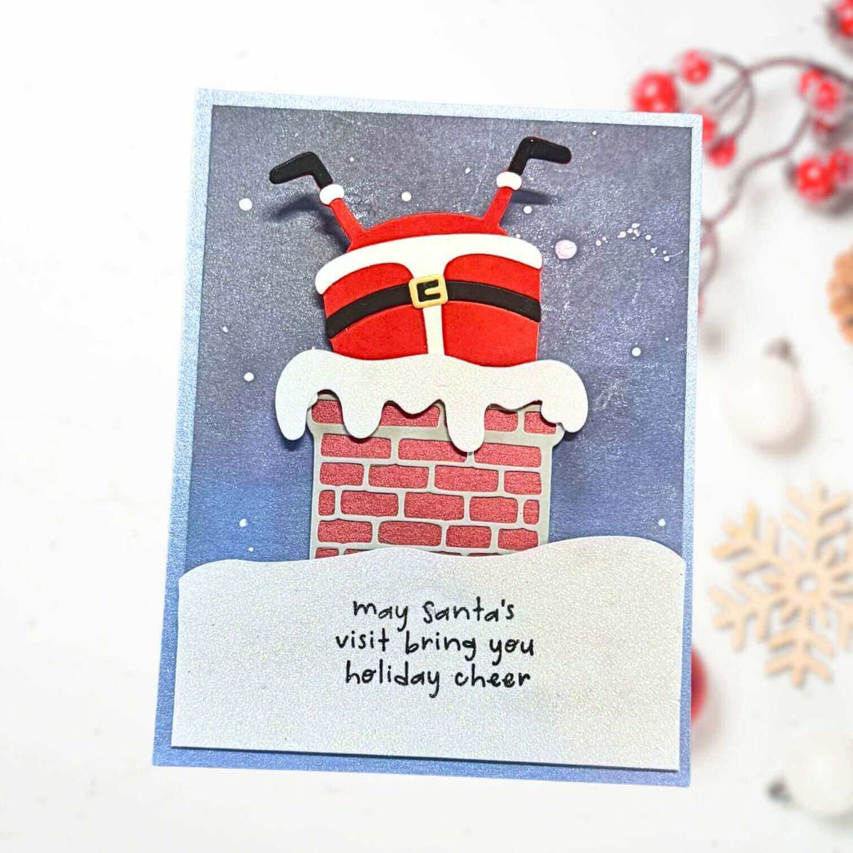 Santa down the chimney handmade Christmas card