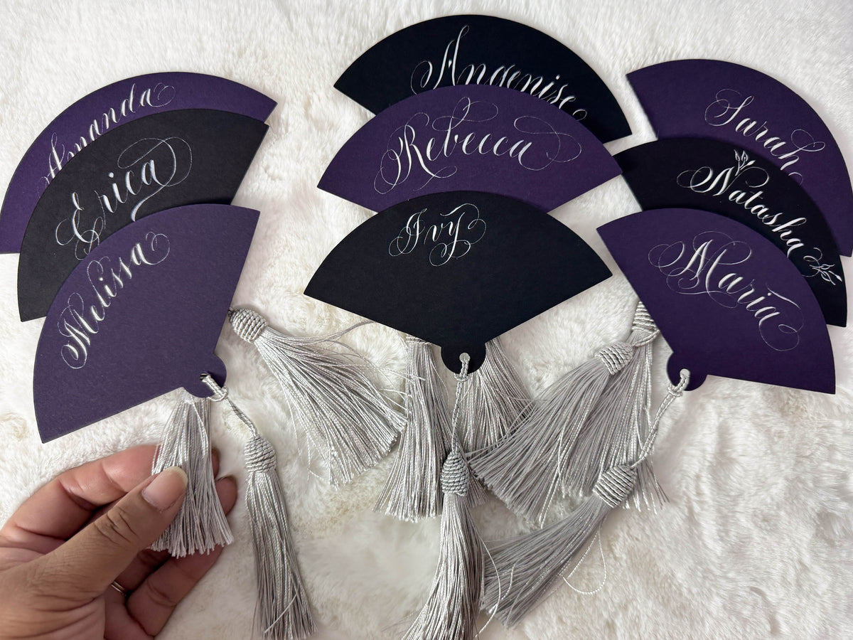 Calligraphy Die Cut Fan Wedding and Event Place Cards