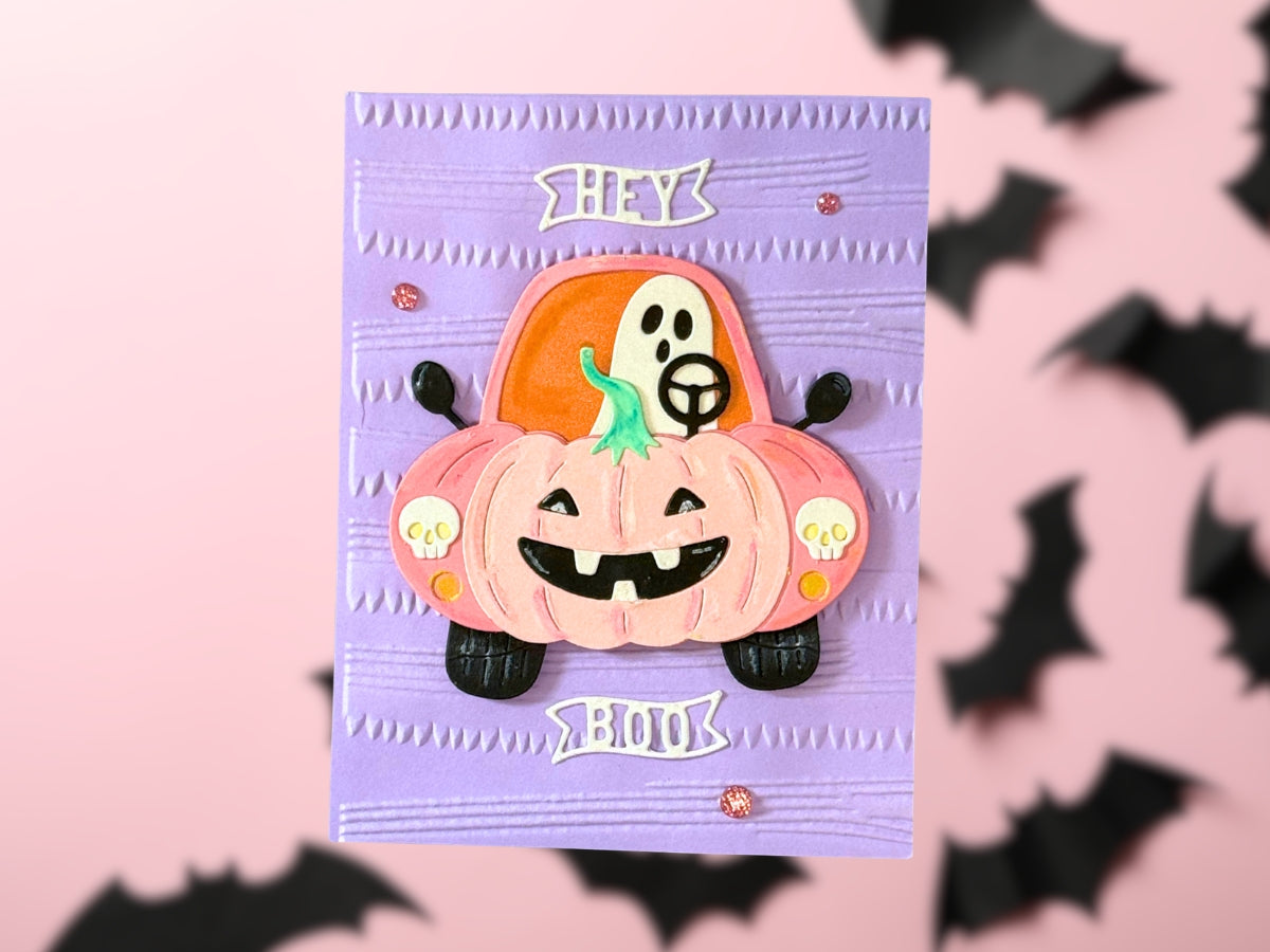 Hey Boo Die Cut Pumpkin Car Handmade Halloween Greeting Card