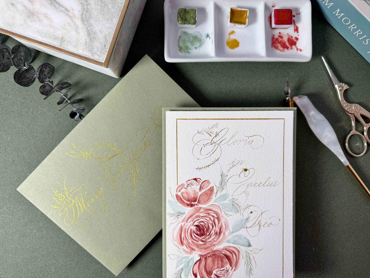Vintage Watercolor Floral Calligraphy Handmade Christmas Card
