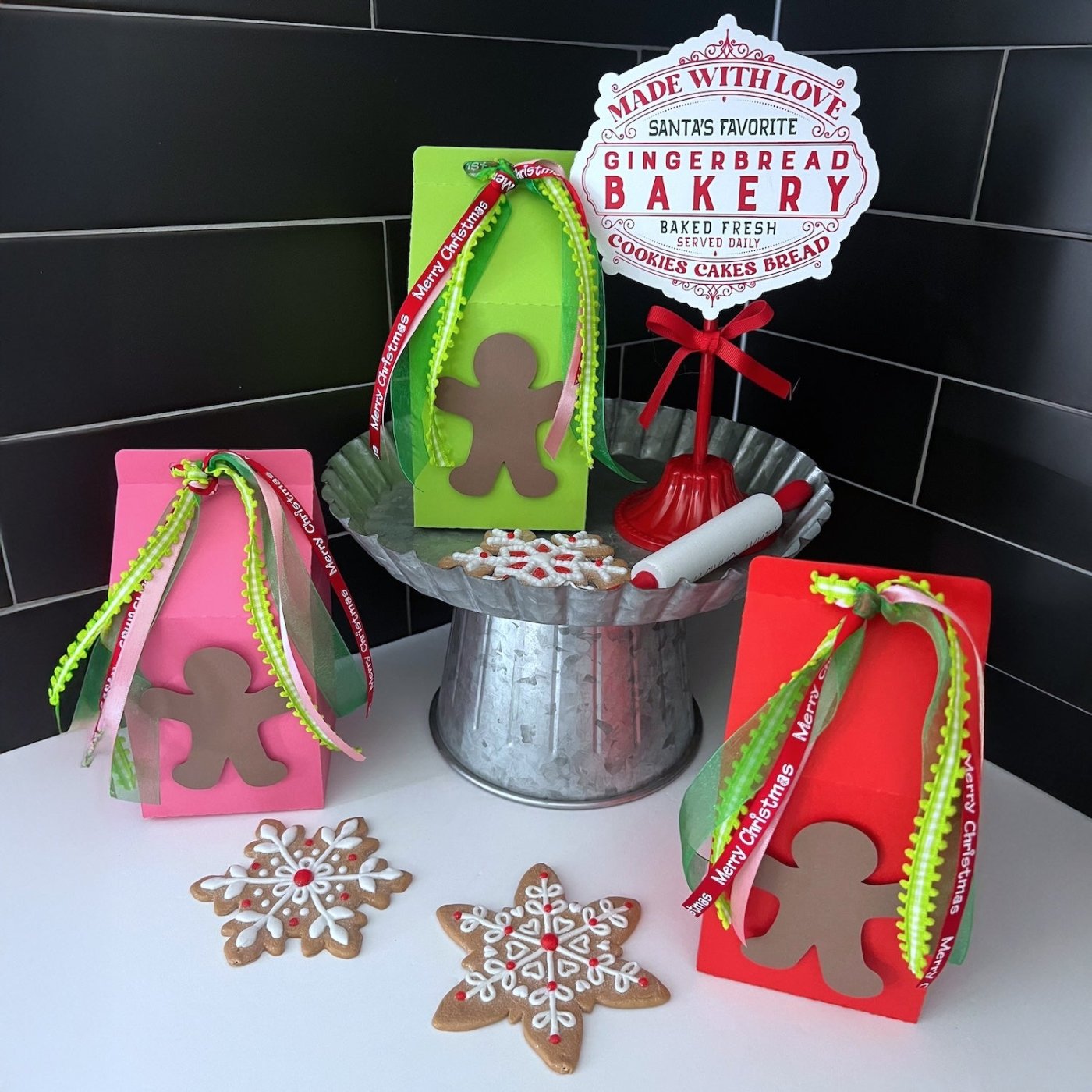 Christmas cookie treat boxes using Lessebo Bubblegum, Lime Green, and Cherry