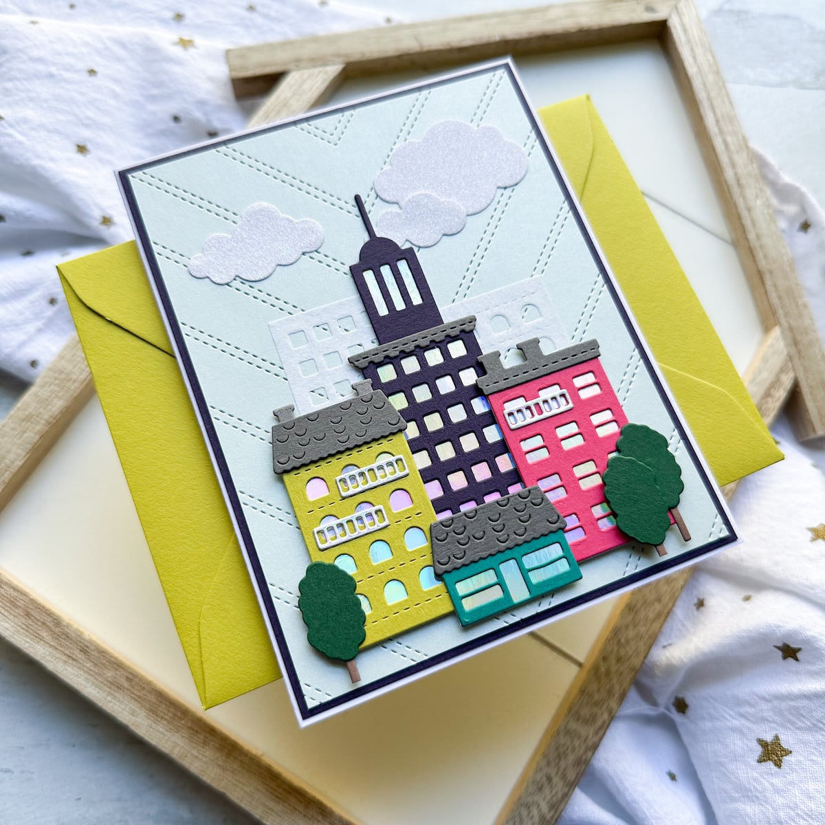 skyline card with chartreuse envelope