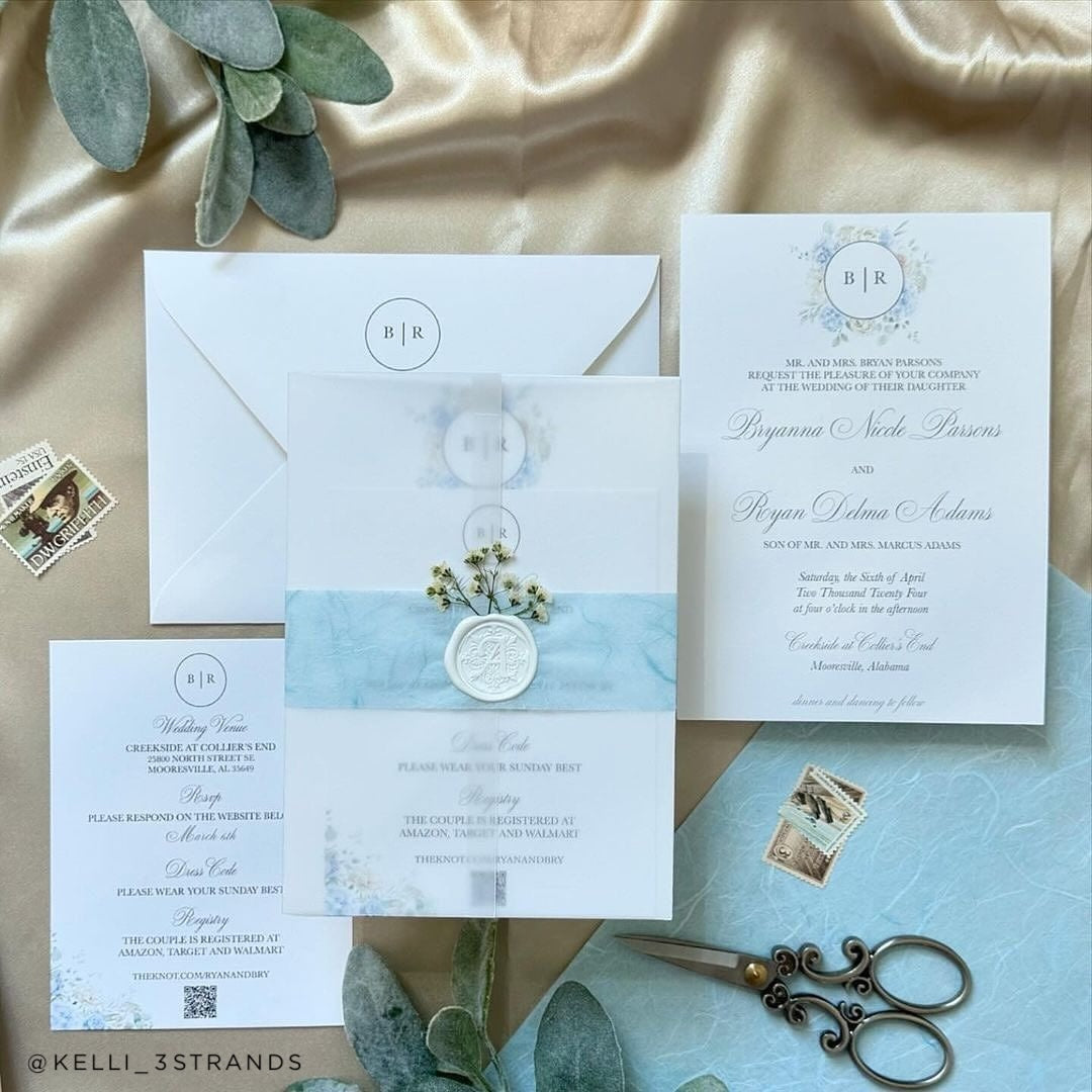 Wedding Invitation with Pale Blue Belly Band