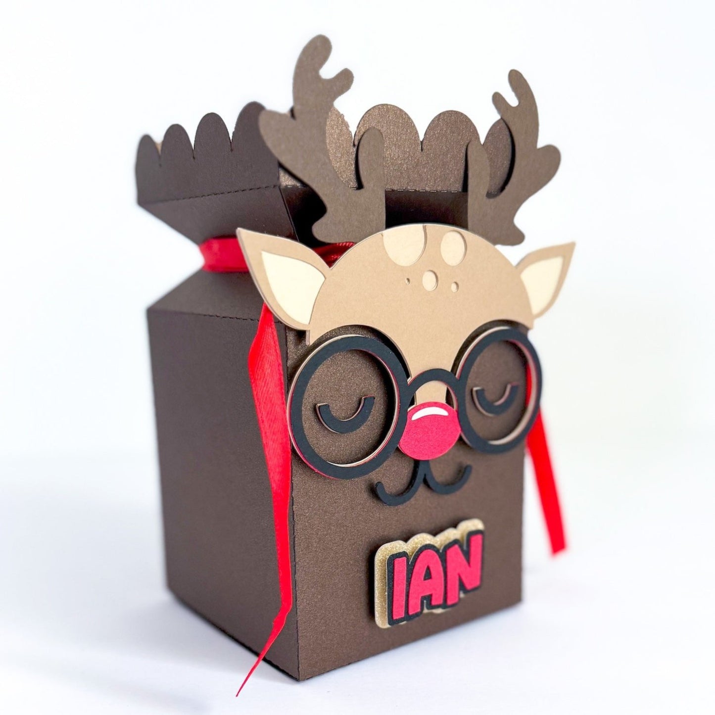 reindeer Christmas gift box made using bronze, jupiter, stone, bagdad brown, and ebony cardstocks