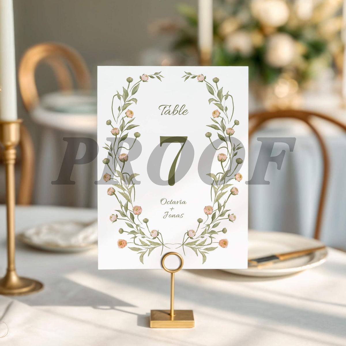 Elegant table number 7 signage in a floral design, ideal for proof print tabletop event signage.