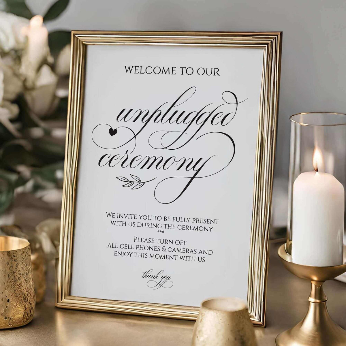 Elegant framed sign for an unplugged ceremony with instructions for guests and decorative accents.