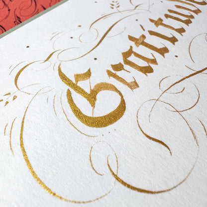 vintage ornate calligraphy hand-lettered onto Materica Gesso White cardstock paper